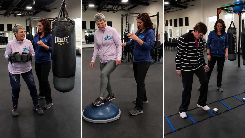 Physical therapist guiding an older adult through boxing, balance board and agility ladder drills in neuro rehab