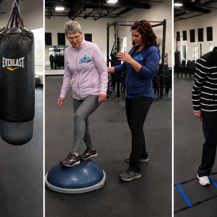 Physical therapist guiding an older adult through boxing, balance board and agility ladder drills in neuro rehab